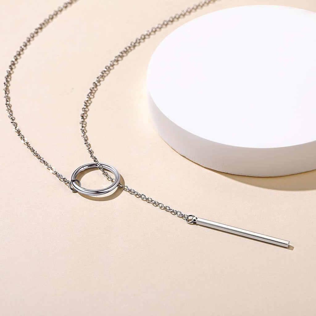 Bar Long Necklace Lariat Open Circle Y Pendants, Simple Minimalist Choker Collarbone Chain Charms Jewelry -Silver Color