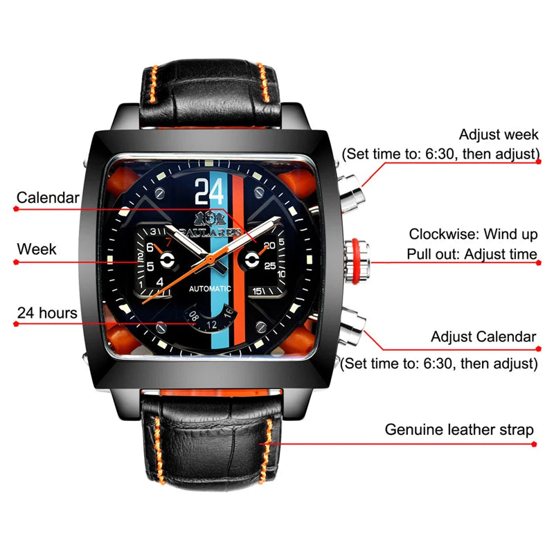 Luxury Men Automatic Self Wind Mechanical Watch for Men Rubber Strap Waterproof Luminous Date Fashion Mens Watches