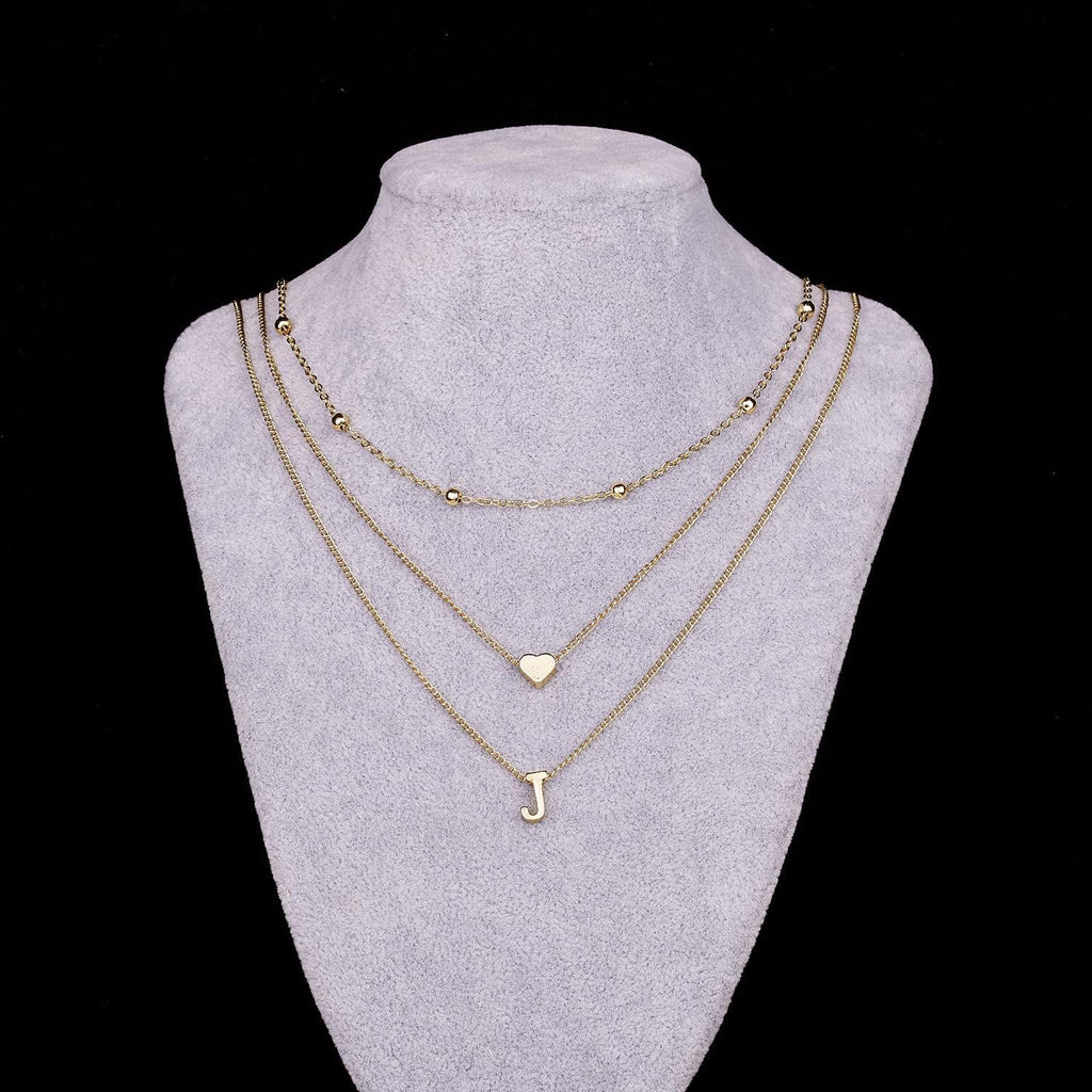 Dainty Gold Layered Initial Necklaces for Women, Simple Cute Heart Bead Letter Pendant Choker Necklace (Gold J)