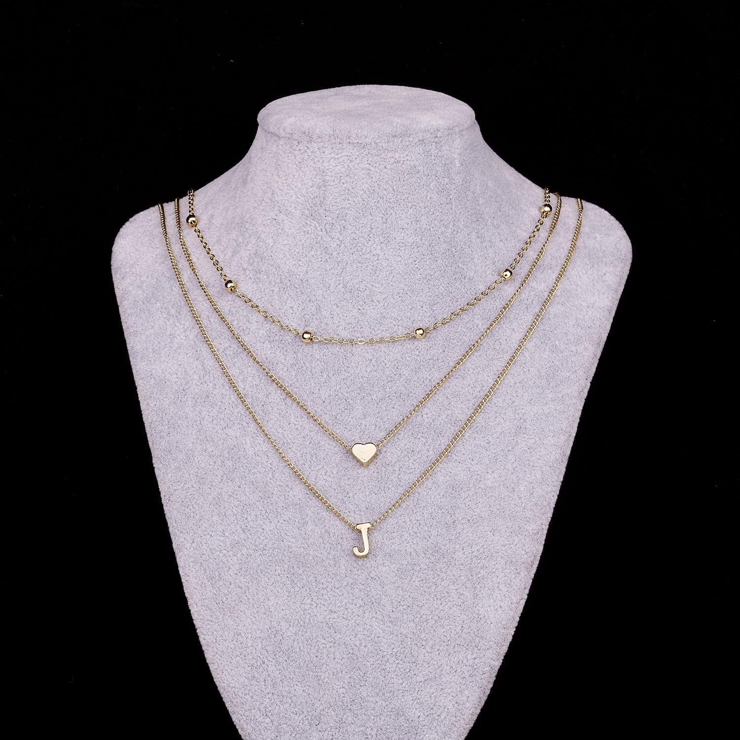 Dainty Gold Layered Initial Necklaces for Women, Simple Cute Heart Bead Letter Pendant Choker Necklace (Gold J)