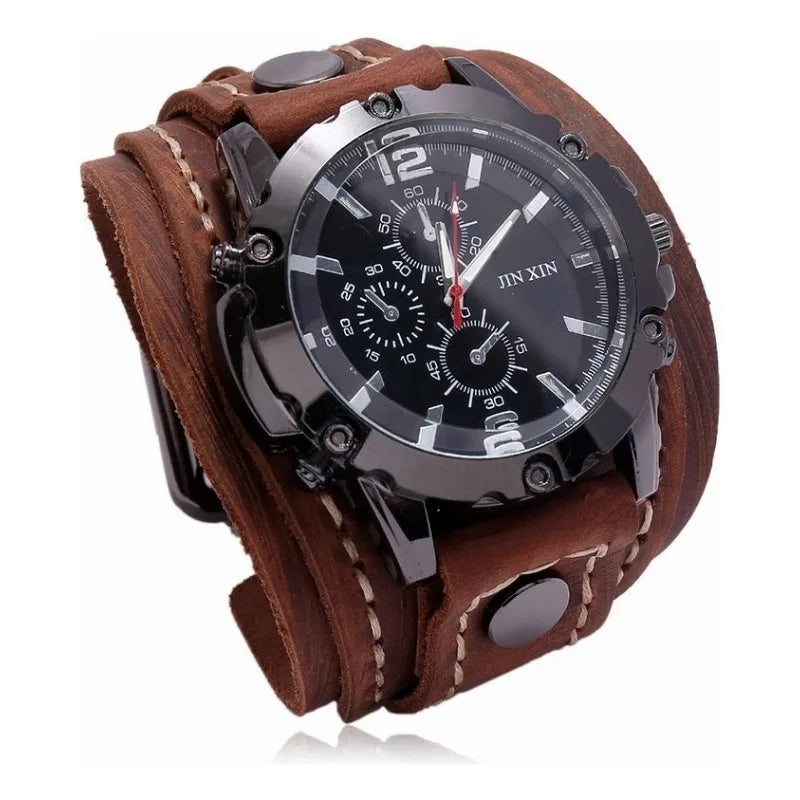 Vintage Leather Wristwatch for Men Wide Stitched Band Fashion Outdoor Watch Retro Style Decorative Boy Gift Watch