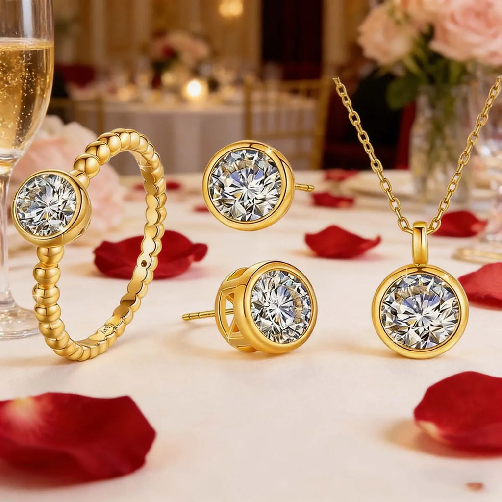 Trendy 18K Gold 0.5Ct Moissanite Ring/Stud Earrings/Round Necklace Pendant Daily Wear Wedding Party Jewelry Set for Women Bridal