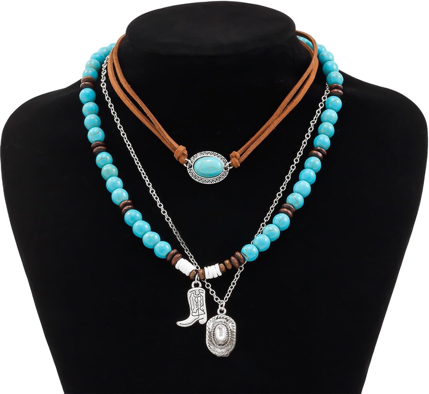 Layered Western Necklaces for Women Turquoise Beaded Choker Necklace Silver Boho Cowgirl Necklace Long Y Shape Western Country Necklace Bull Head Pendant Necklace Evil Eye Necklace Country Concert Jewelry
