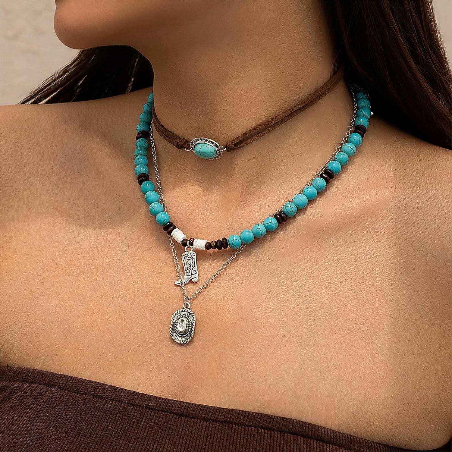 Layered Western Necklaces for Women Turquoise Beaded Choker Necklace Silver Boho Cowgirl Necklace Long Y Shape Western Country Necklace Bull Head Pendant Necklace Evil Eye Necklace Country Concert Jewelry