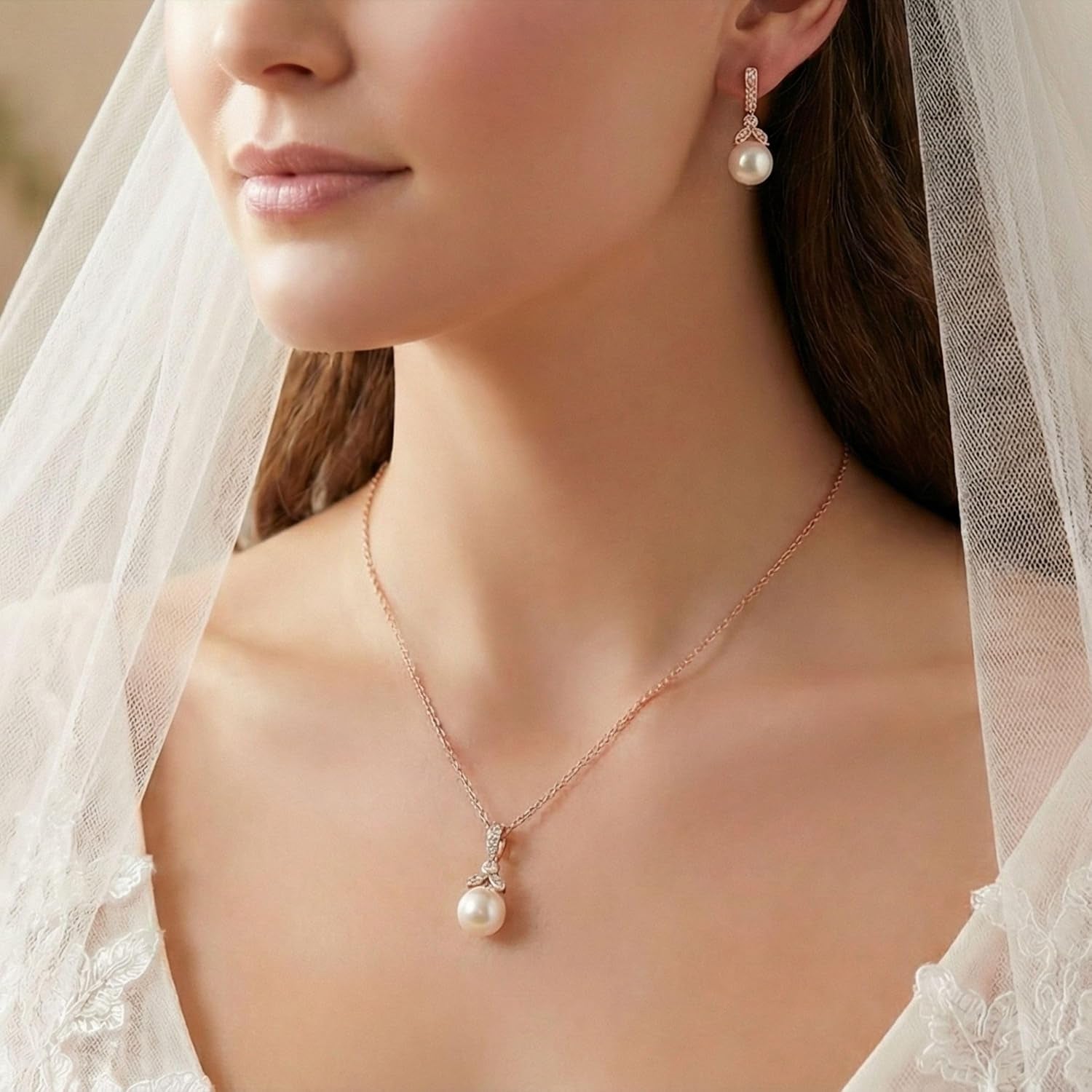Pearl Drop Bridal Necklace Earrings Set with CZ Crystals for Bride, Bridesmaid, Birthday Gift