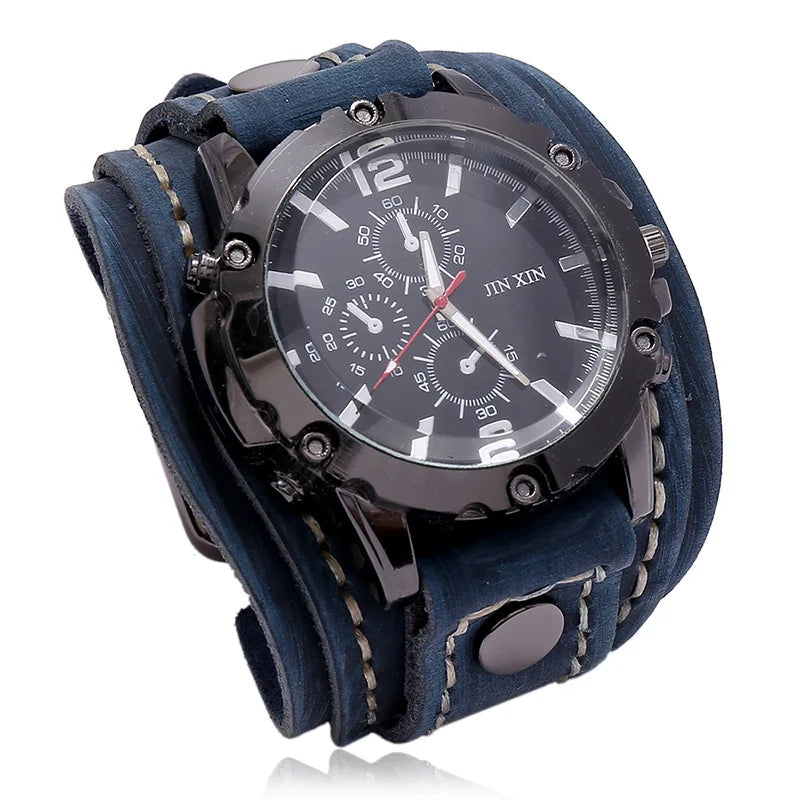 Vintage Leather Wristwatch for Men Wide Stitched Band Fashion Outdoor Watch Retro Style Decorative Boy Gift Watch