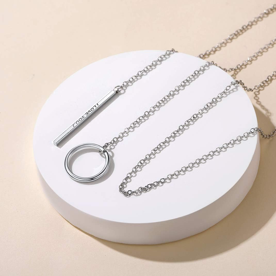 Bar Long Necklace Lariat Open Circle Y Pendants, Simple Minimalist Choker Collarbone Chain Charms Jewelry -Silver Color