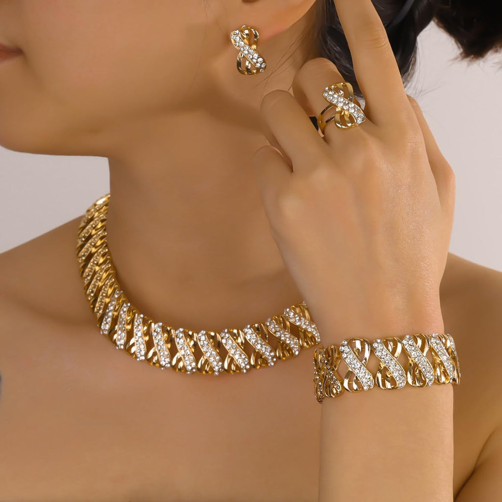 Fashion Crystal Jewelry Set Gold Plated Jewelry Weddings Dubai Gold Necklace Earrings Set Gift