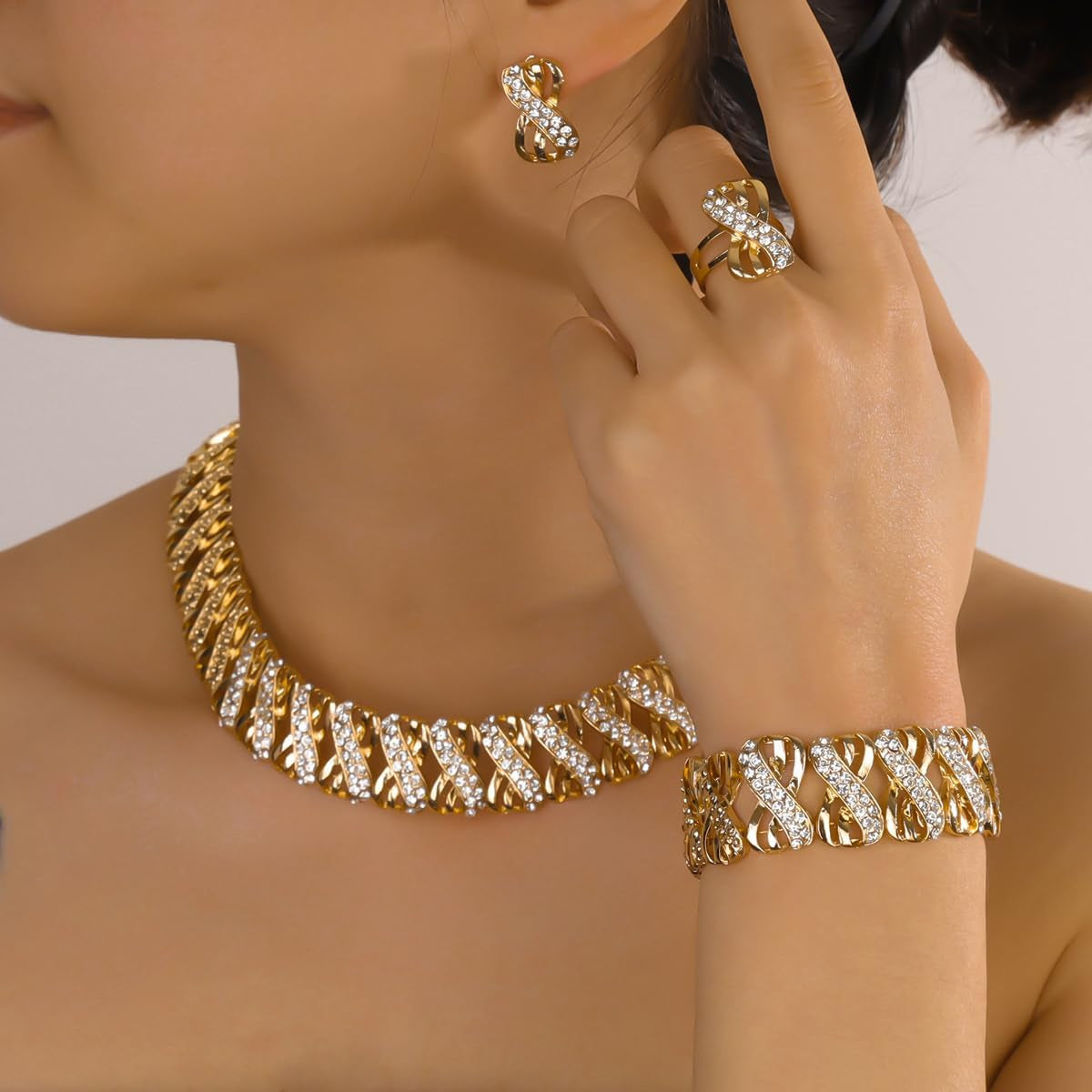 Fashion Crystal Jewelry Set Gold Plated Jewelry Weddings Dubai Gold Necklace Earrings Set Gift
