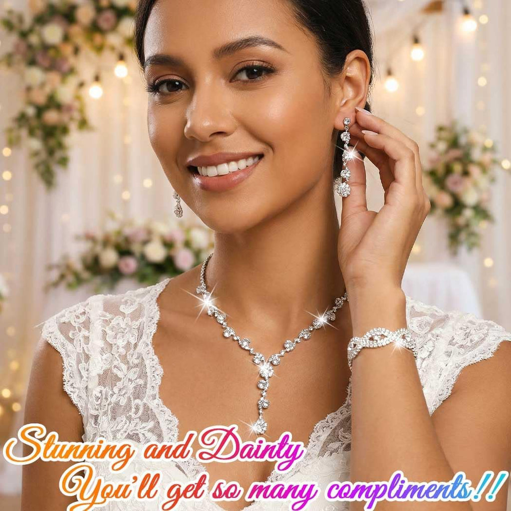 Silver Wedding Jewelry Sets Rhinestone Necklace Earrings Bracelet Set Prom Formal Costume Jewelry for Women and Brides