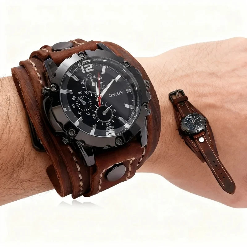 Vintage Leather Wristwatch for Men Wide Stitched Band Fashion Outdoor Watch Retro Style Decorative Boy Gift Watch