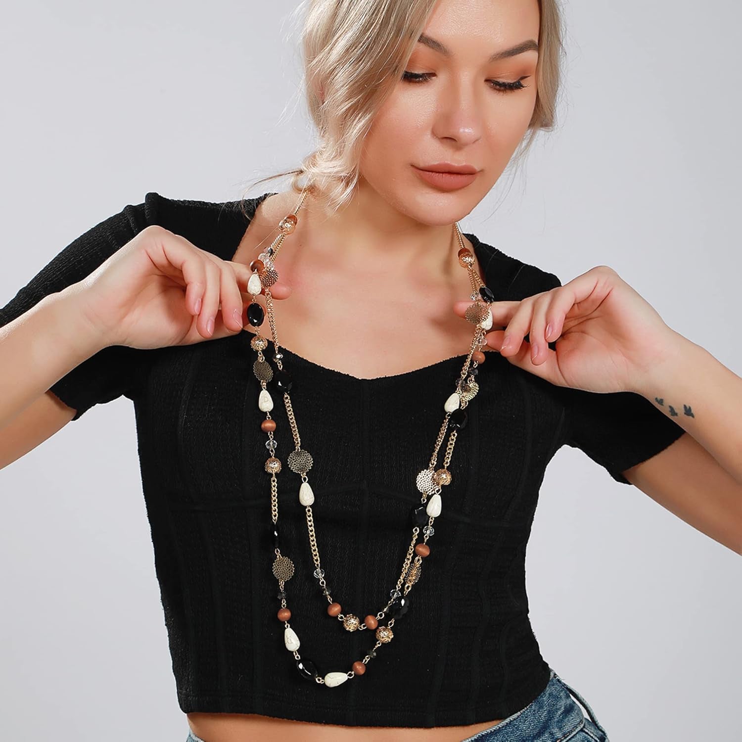 Long Necklaces for Women Trendy, Boho Layered Crystal Beaded Collar Necklaces for Women, Fashion Statement Necklaces Jewelry