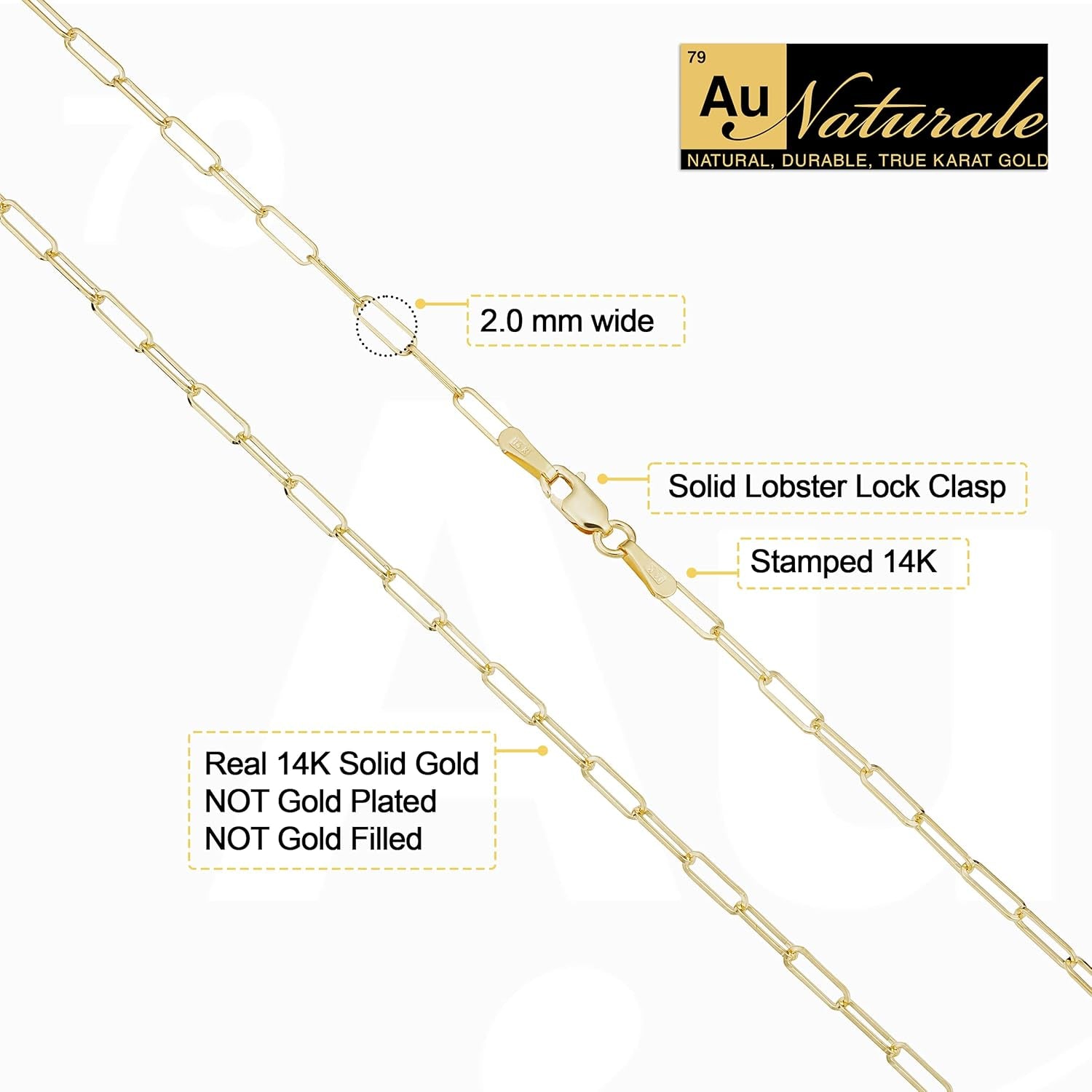 Solid 14K Yellow Gold 2 Mm Capsule Paper Clip Link Chain Necklace | Made in Italy