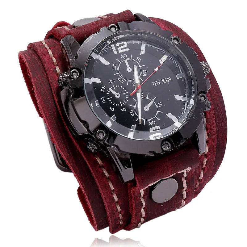 Vintage Leather Wristwatch for Men Wide Stitched Band Fashion Outdoor Watch Retro Style Decorative Boy Gift Watch