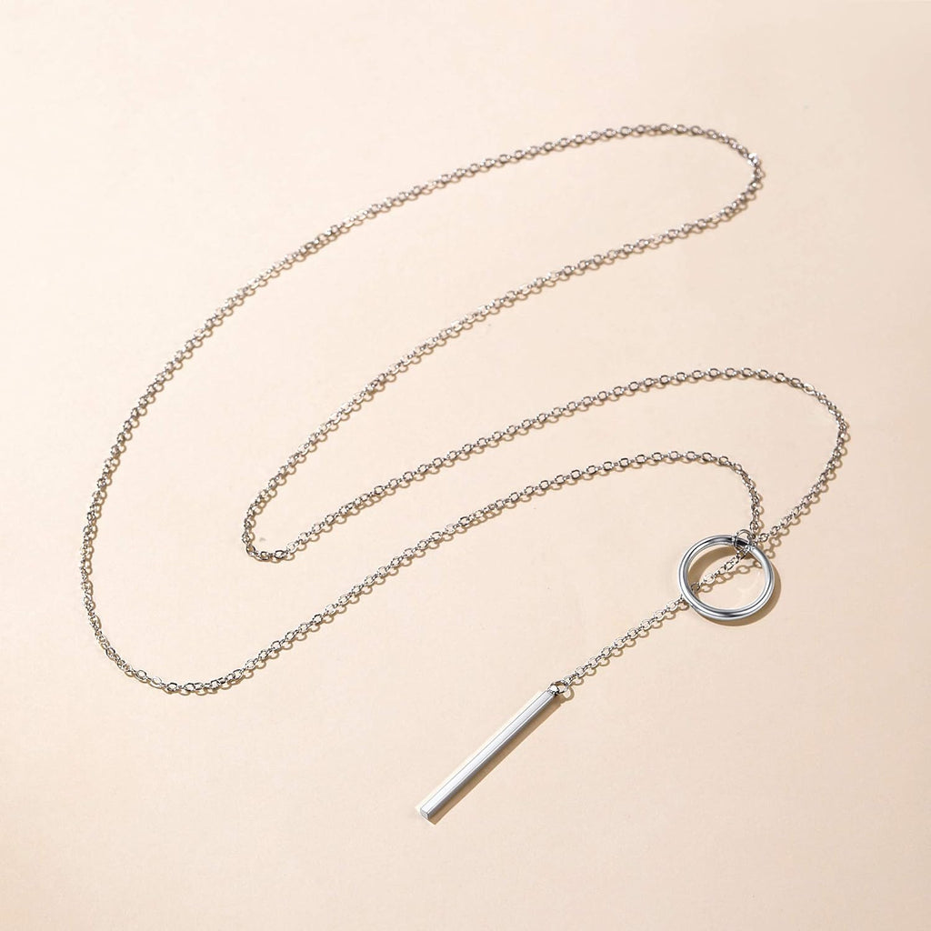 Bar Long Necklace Lariat Open Circle Y Pendants, Simple Minimalist Choker Collarbone Chain Charms Jewelry -Silver Color