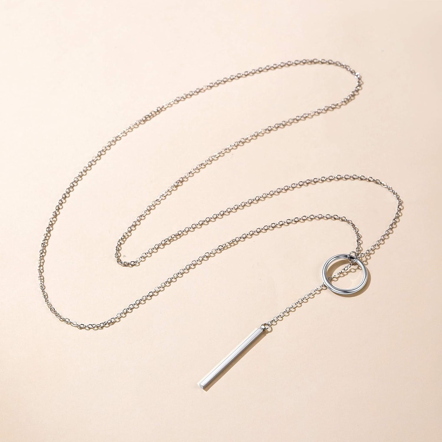 Bar Long Necklace Lariat Open Circle Y Pendants, Simple Minimalist Choker Collarbone Chain Charms Jewelry -Silver Color