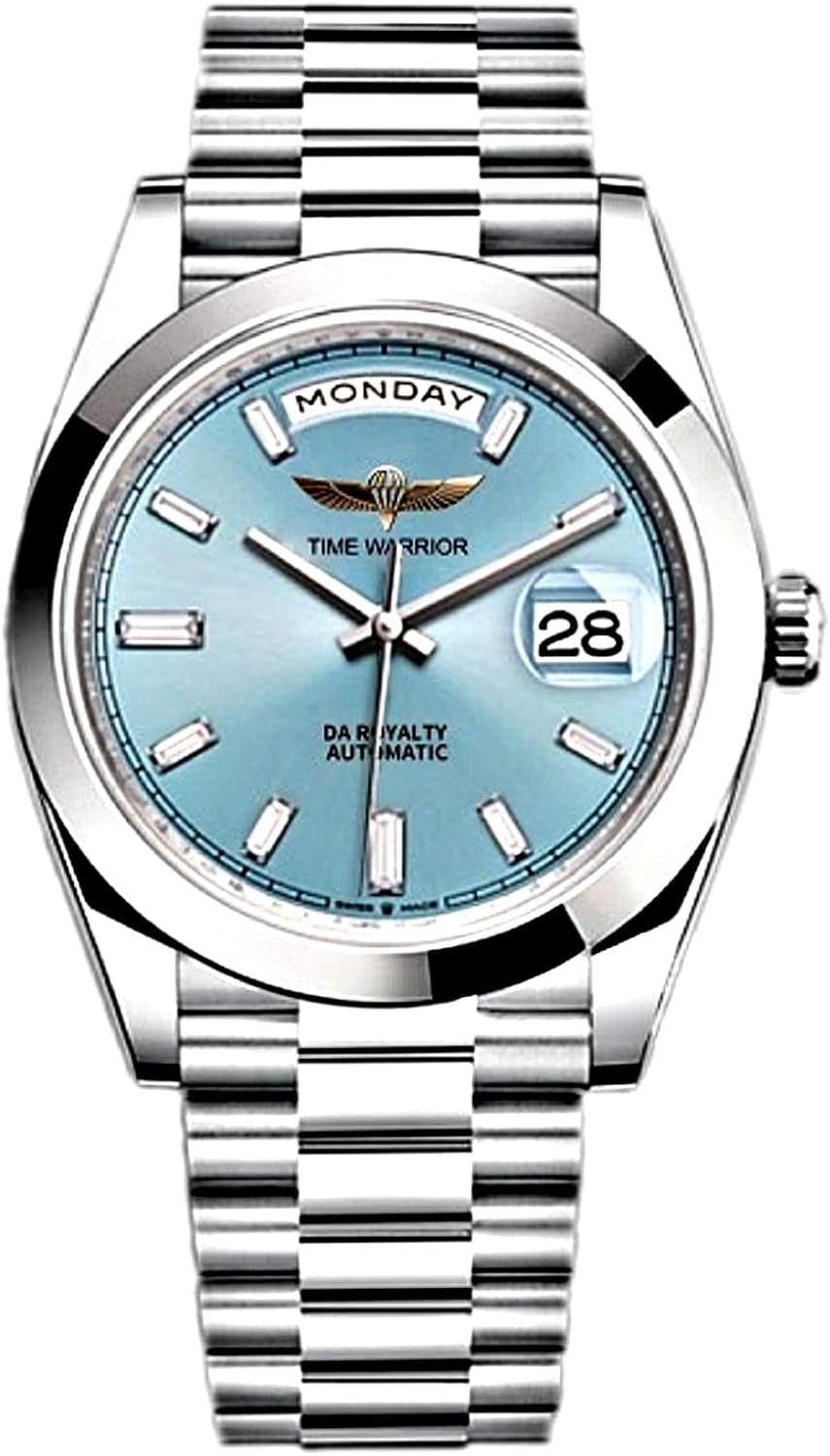 Day Date Solid Stainless Steel Style Automatic Watch 30 M Water Proof, Sapphire Glass, 316L Case, Luminous, Blue Dial.