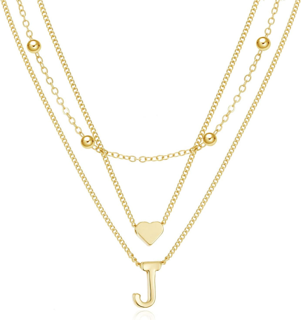 Dainty Gold Layered Initial Necklaces for Women, Simple Cute Heart Bead Letter Pendant Choker Necklace (Gold J)