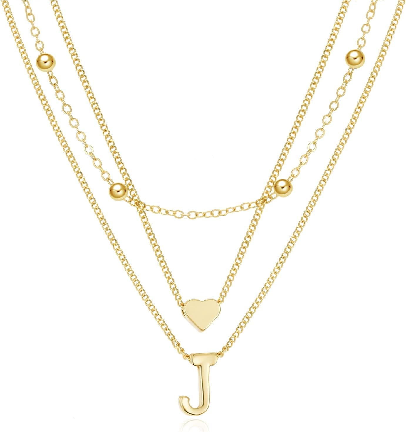Dainty Gold Layered Initial Necklaces for Women, Simple Cute Heart Bead Letter Pendant Choker Necklace (Gold J)