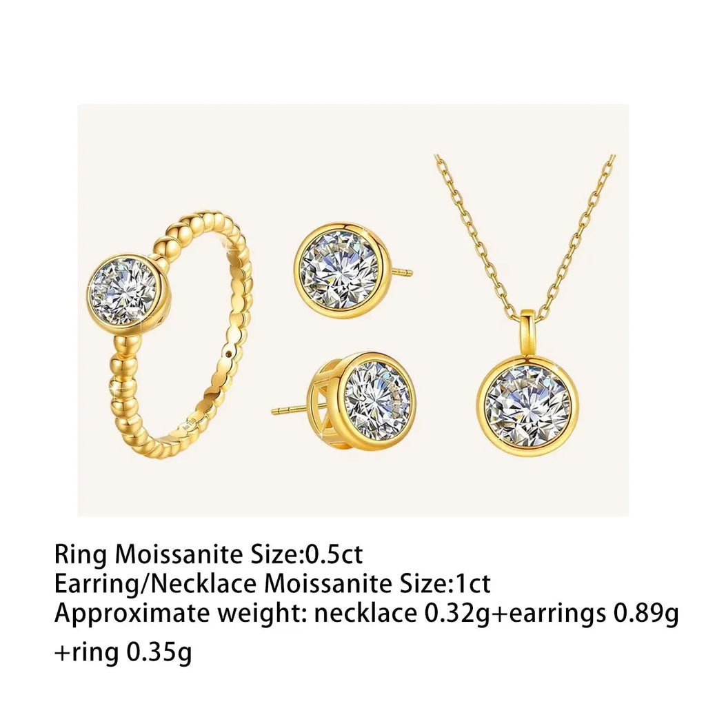 Trendy 18K Gold 0.5Ct Moissanite Ring/Stud Earrings/Round Necklace Pendant Daily Wear Wedding Party Jewelry Set for Women Bridal