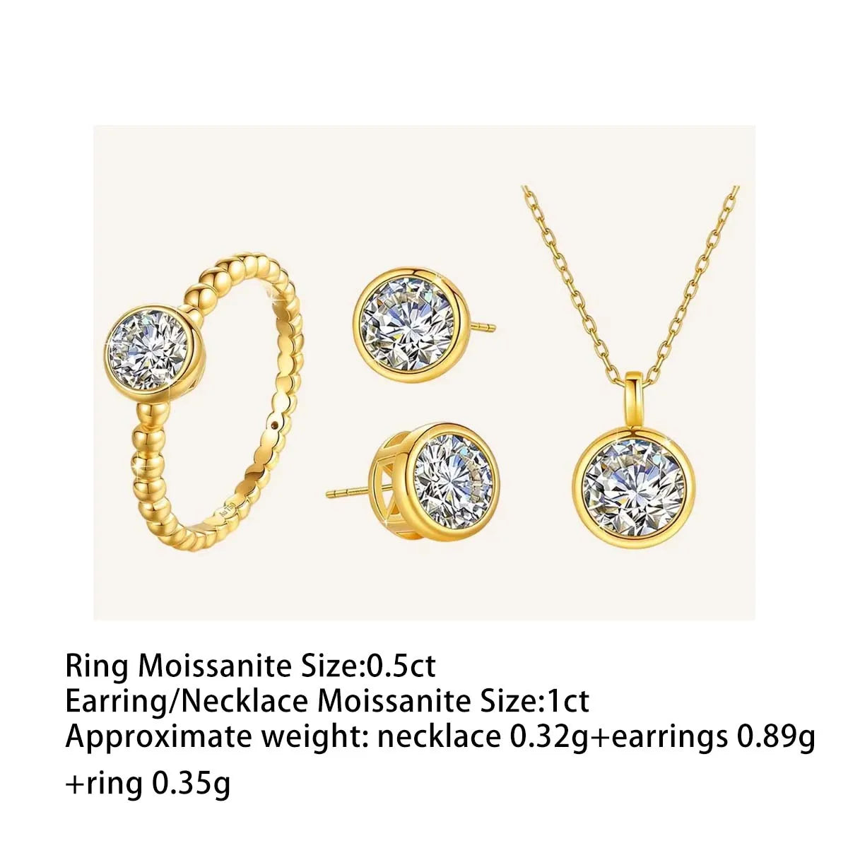 Trendy 18K Gold 0.5Ct Moissanite Ring/Stud Earrings/Round Necklace Pendant Daily Wear Wedding Party Jewelry Set for Women Bridal