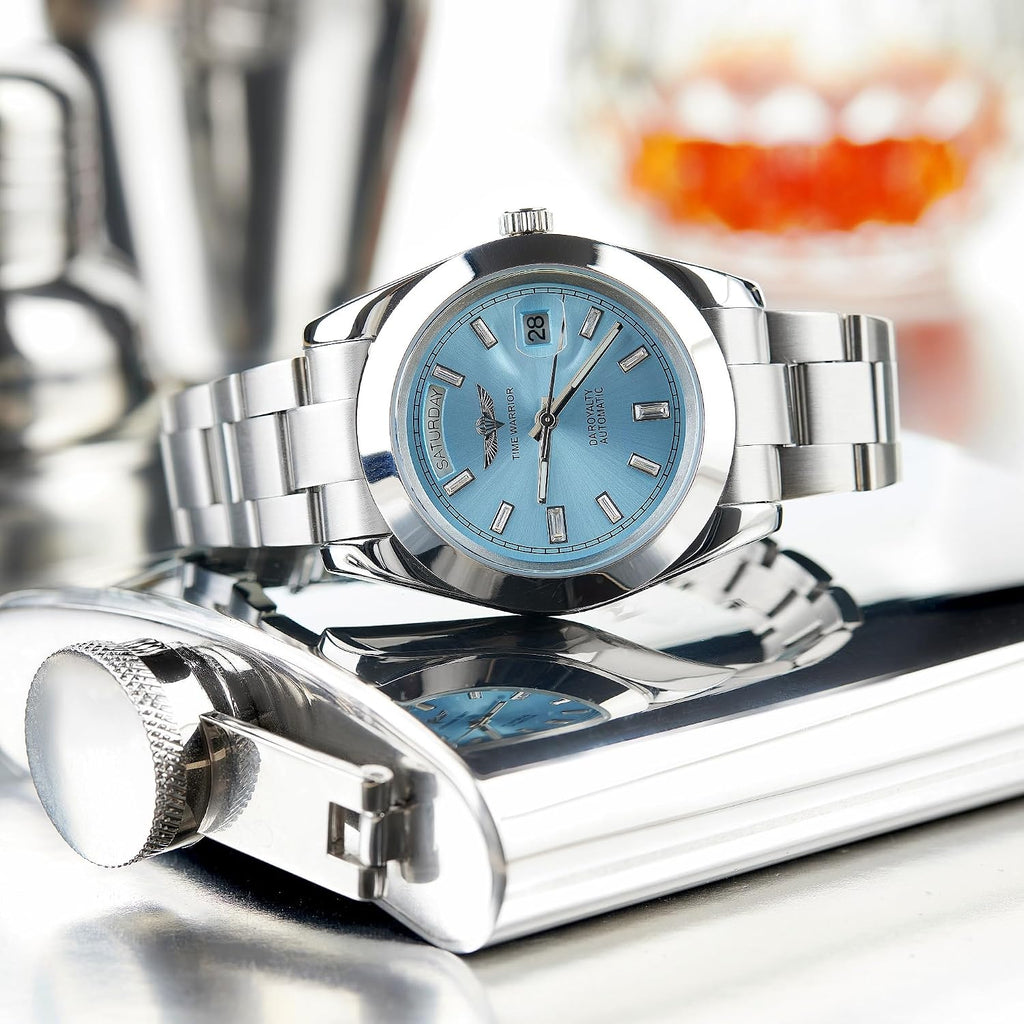 Day Date Solid Stainless Steel Style Automatic Watch 30 M Water Proof, Sapphire Glass, 316L Case, Luminous, Blue Dial.