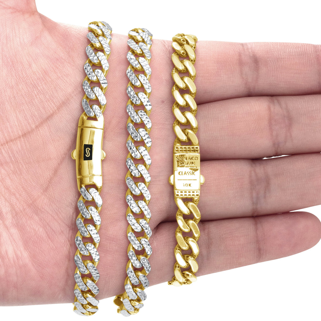 10K Real Yellow Gold Royal Monaco 7.5Mm Miami Cuban Diamond Cut Pave Link Necklace (18"-30") Two Tone Italian Jewelry for Men