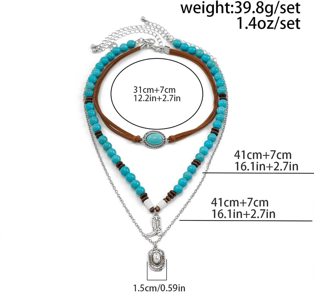 Layered Western Necklaces for Women Turquoise Beaded Choker Necklace Silver Boho Cowgirl Necklace Long Y Shape Western Country Necklace Bull Head Pendant Necklace Evil Eye Necklace Country Concert Jewelry