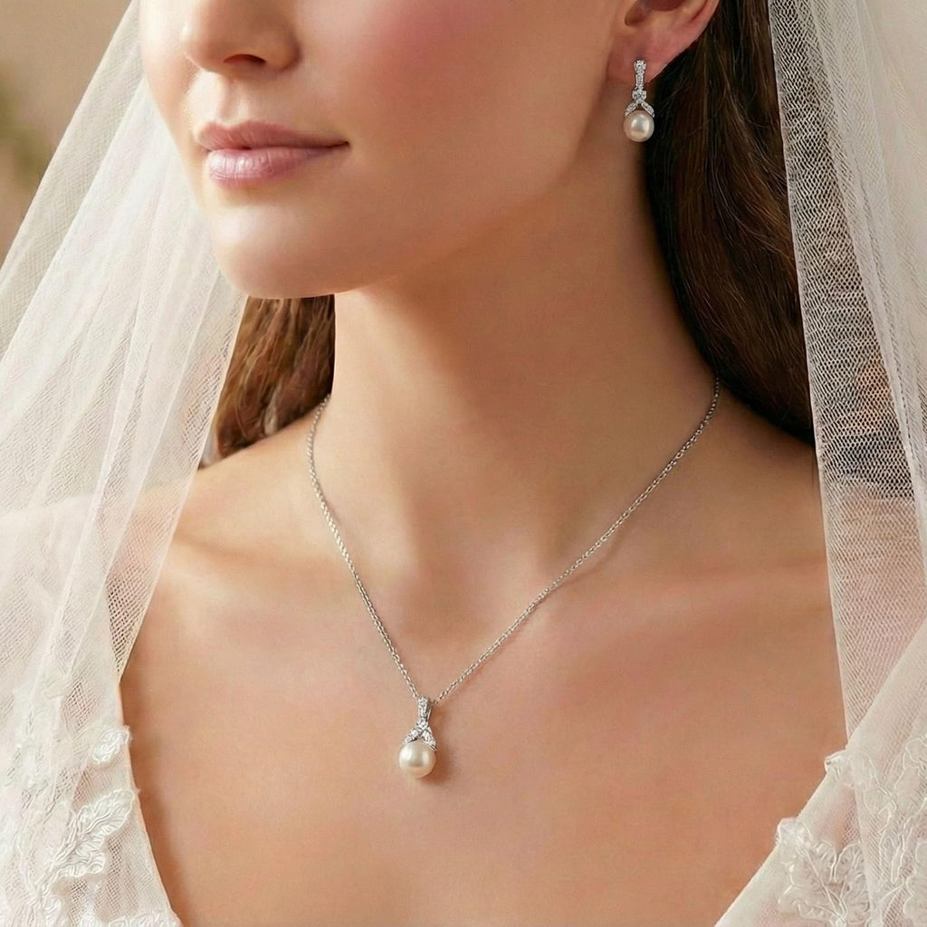 Pearl Drop Bridal Necklace Earrings Set with CZ Crystals for Bride, Bridesmaid, Birthday Gift