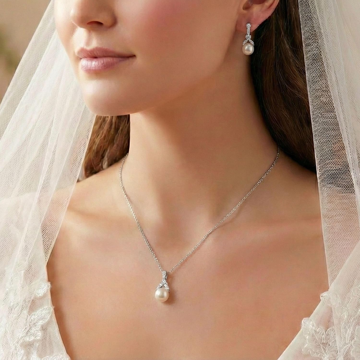 Pearl Drop Bridal Necklace Earrings Set with CZ Crystals for Bride, Bridesmaid, Birthday Gift