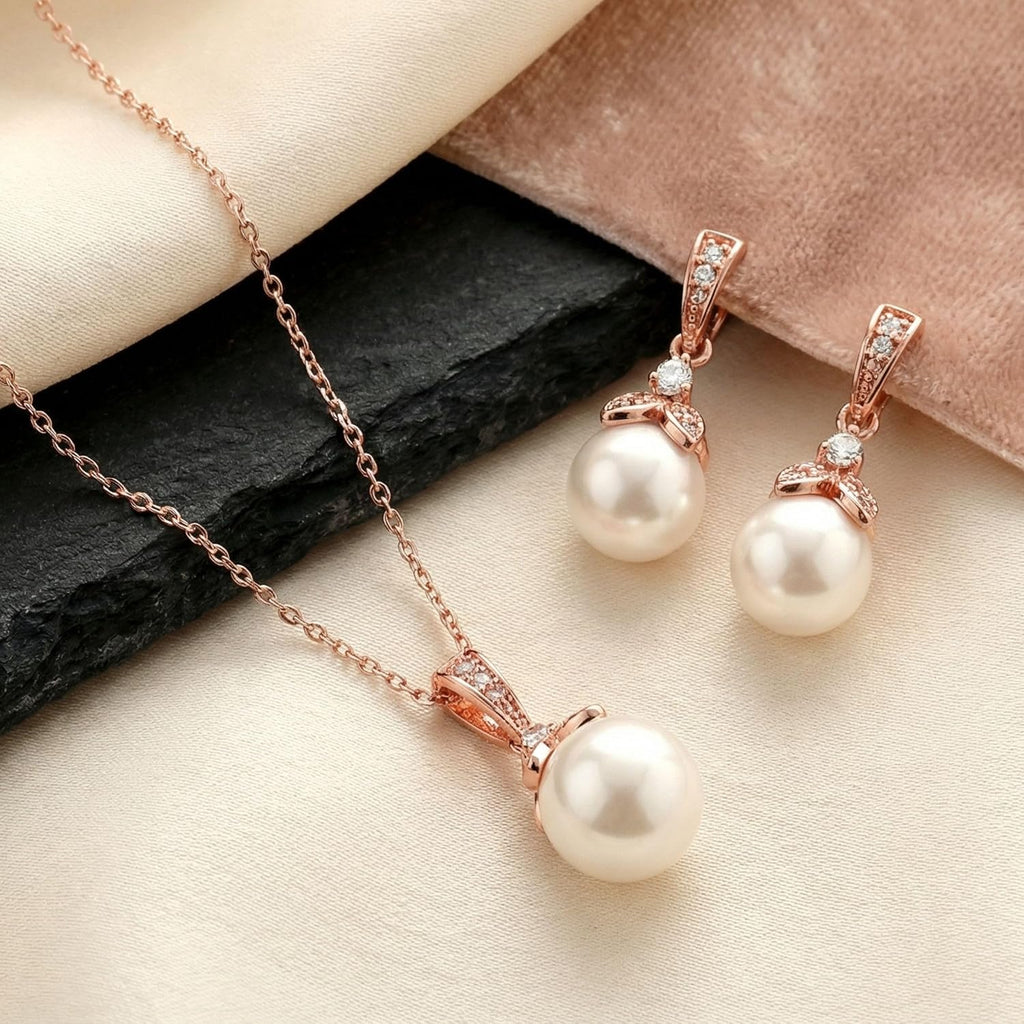 Pearl Drop Bridal Necklace Earrings Set with CZ Crystals for Bride, Bridesmaid, Birthday Gift
