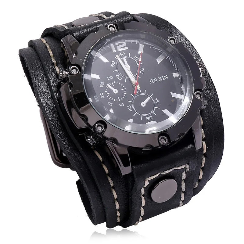 Vintage Leather Wristwatch for Men Wide Stitched Band Fashion Outdoor Watch Retro Style Decorative Boy Gift Watch