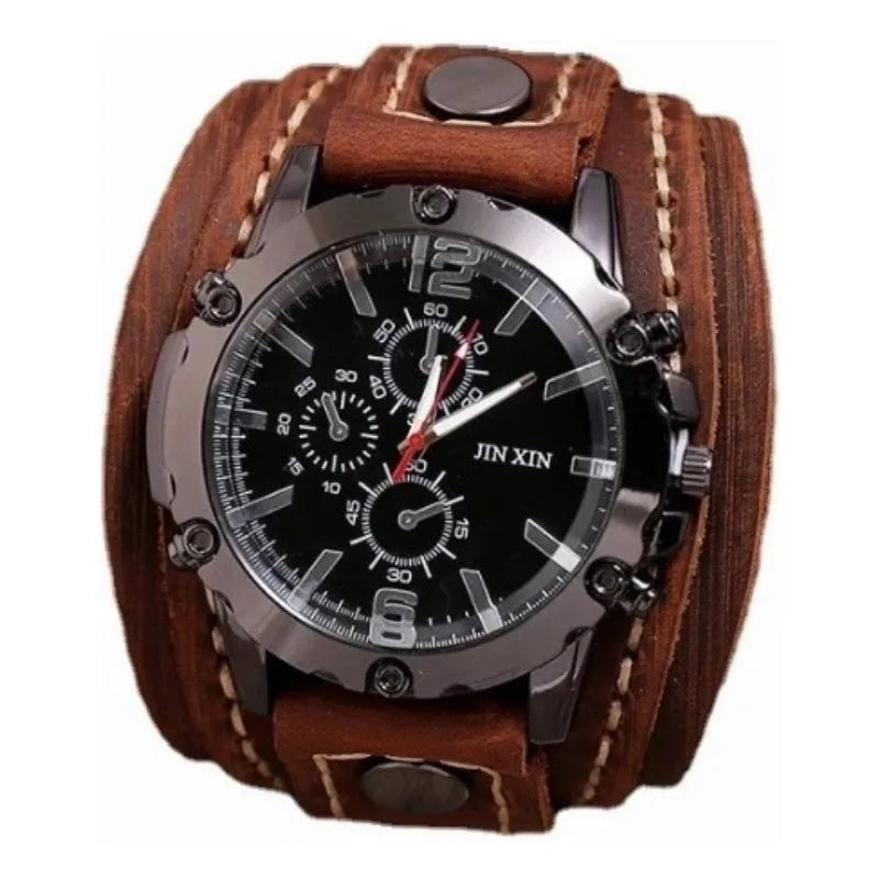 Vintage Leather Wristwatch for Men Wide Stitched Band Fashion Outdoor Watch Retro Style Decorative Boy Gift Watch