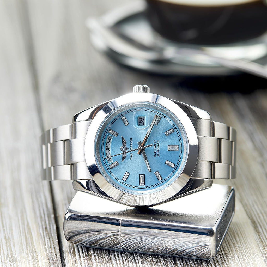 Day Date Solid Stainless Steel Style Automatic Watch 30 M Water Proof, Sapphire Glass, 316L Case, Luminous, Blue Dial.