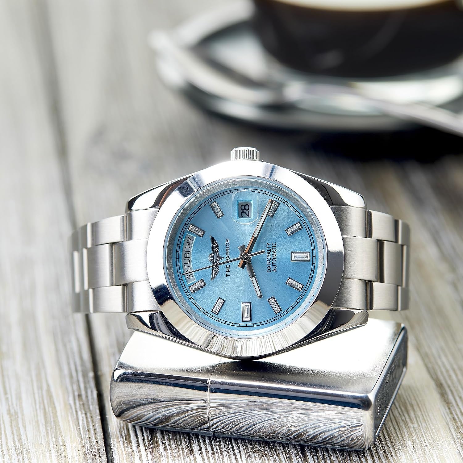 Day Date Solid Stainless Steel Style Automatic Watch 30 M Water Proof, Sapphire Glass, 316L Case, Luminous, Blue Dial.
