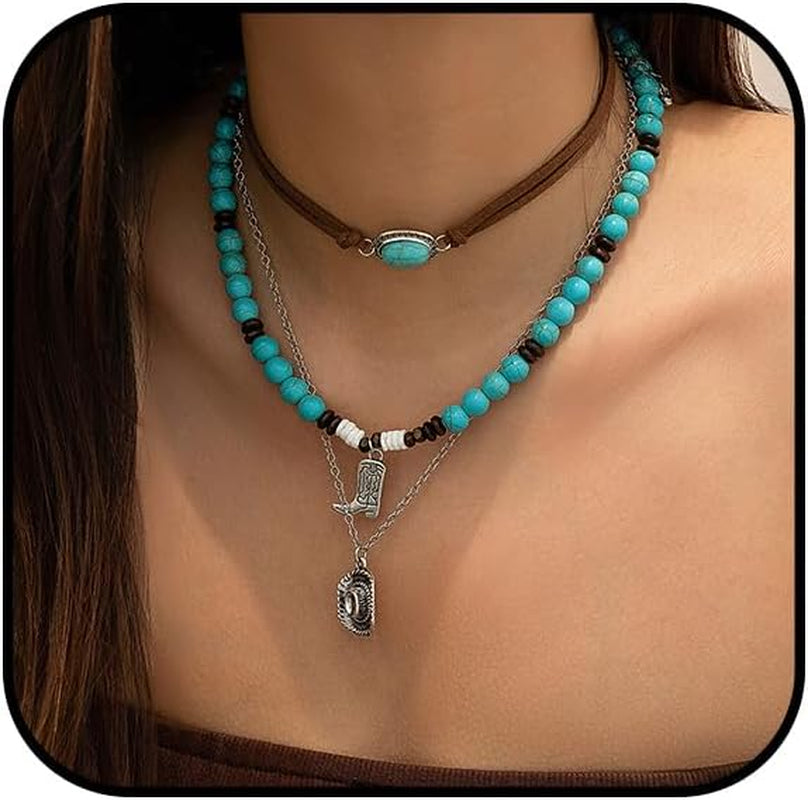 Layered Western Necklaces for Women Turquoise Beaded Choker Necklace Silver Boho Cowgirl Necklace Long Y Shape Western Country Necklace Bull Head Pendant Necklace Evil Eye Necklace Country Concert Jewelry
