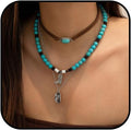 Layered Western Necklaces for Women Turquoise Beaded Choker Necklace Silver Boho Cowgirl Necklace Long Y Shape Western Country Necklace Bull Head Pendant Necklace Evil Eye Necklace Country Concert Jewelry