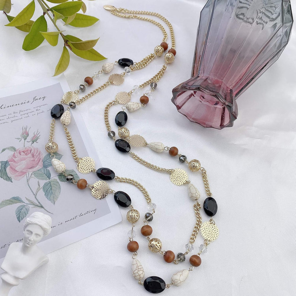 Long Necklaces for Women Trendy, Boho Layered Crystal Beaded Collar Necklaces for Women, Fashion Statement Necklaces Jewelry