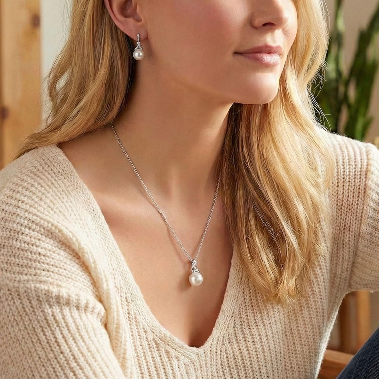 Pearl Drop Bridal Necklace Earrings Set with CZ Crystals for Bride, Bridesmaid, Birthday Gift