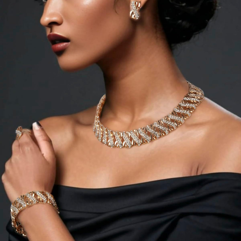 Fashion Crystal Jewelry Set Gold Plated Jewelry Weddings Dubai Gold Necklace Earrings Set Gift