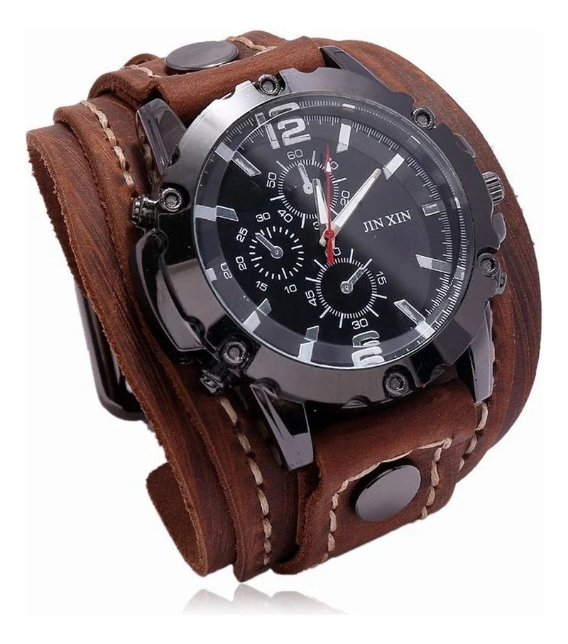 Vintage Leather Wristwatch for Men Wide Stitched Band Fashion Outdoor Watch Retro Style Decorative Boy Gift Watch