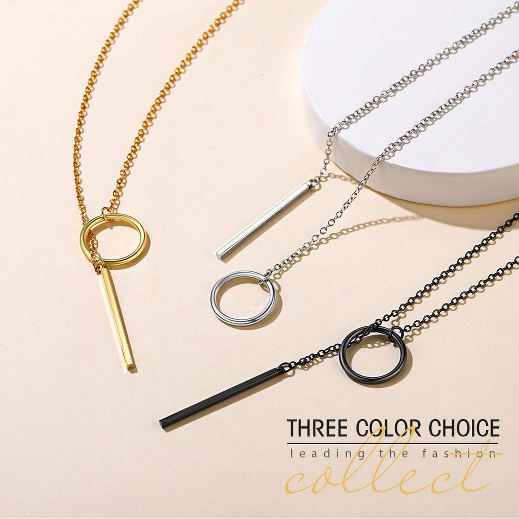 Bar Long Necklace Lariat Open Circle Y Pendants, Simple Minimalist Choker Collarbone Chain Charms Jewelry -Silver Color