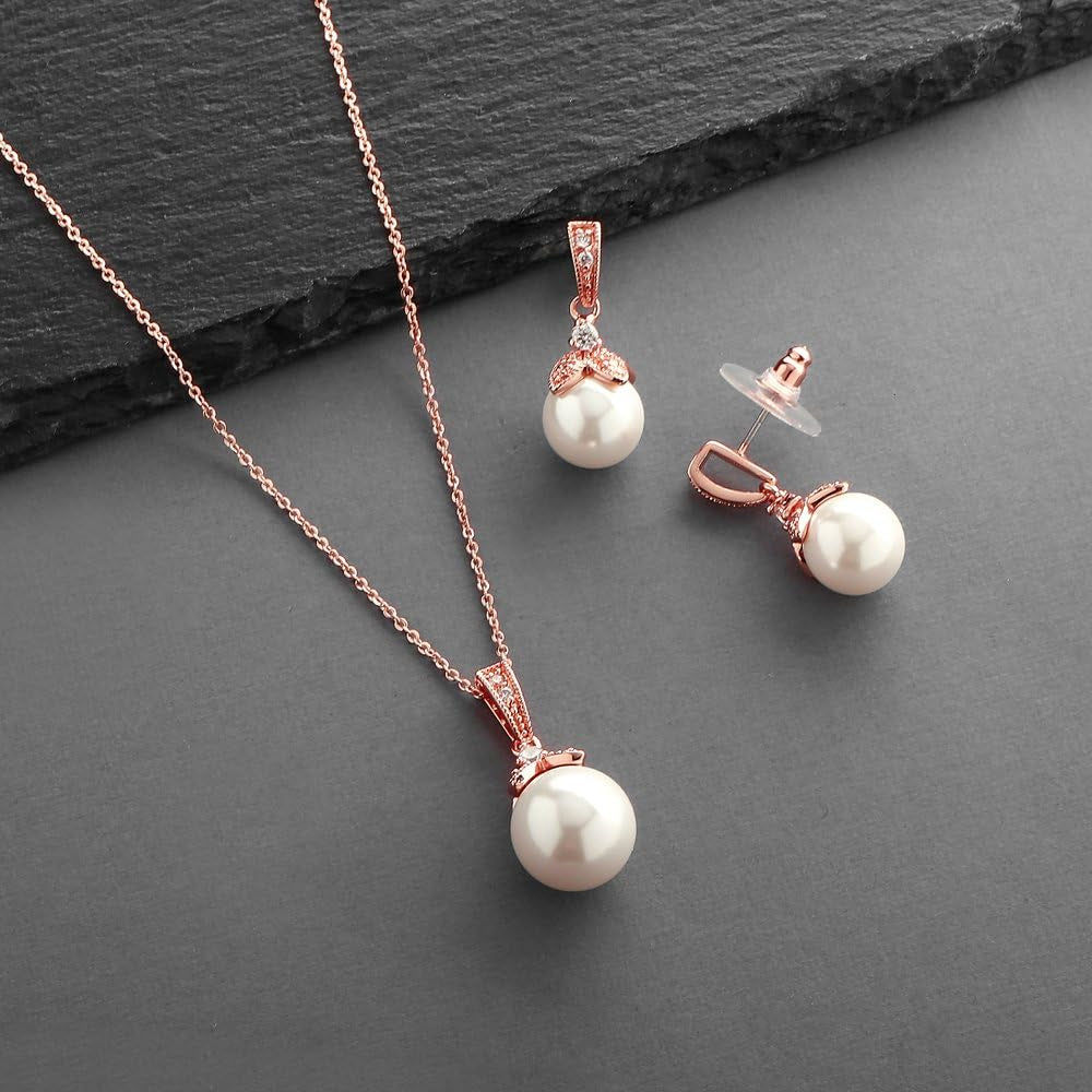 Pearl Drop Bridal Necklace Earrings Set with CZ Crystals for Bride, Bridesmaid, Birthday Gift
