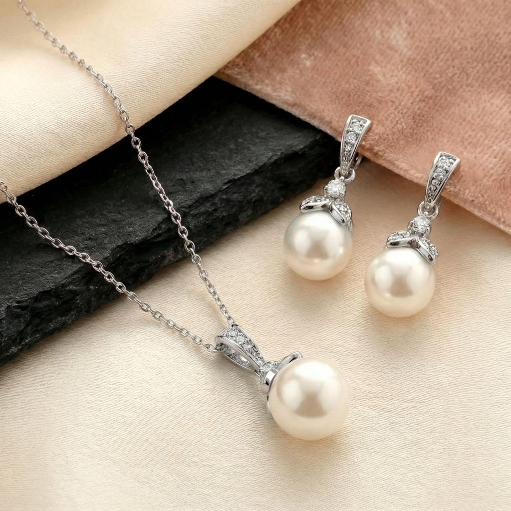 Pearl Drop Bridal Necklace Earrings Set with CZ Crystals for Bride, Bridesmaid, Birthday Gift