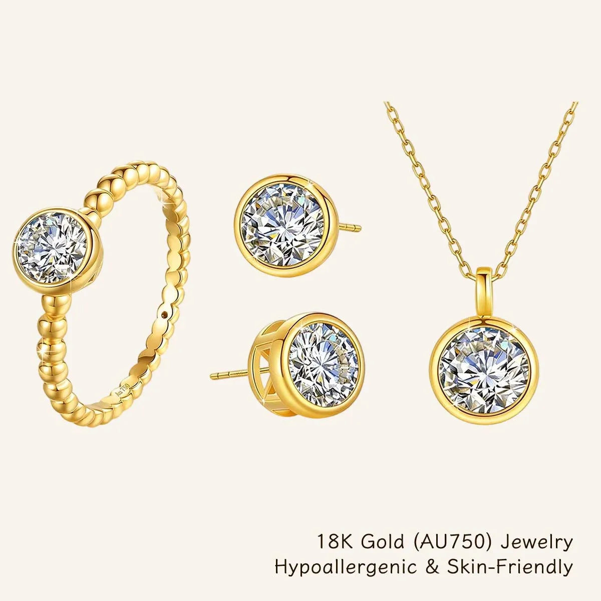 Trendy 18K Gold 0.5Ct Moissanite Ring/Stud Earrings/Round Necklace Pendant Daily Wear Wedding Party Jewelry Set for Women Bridal