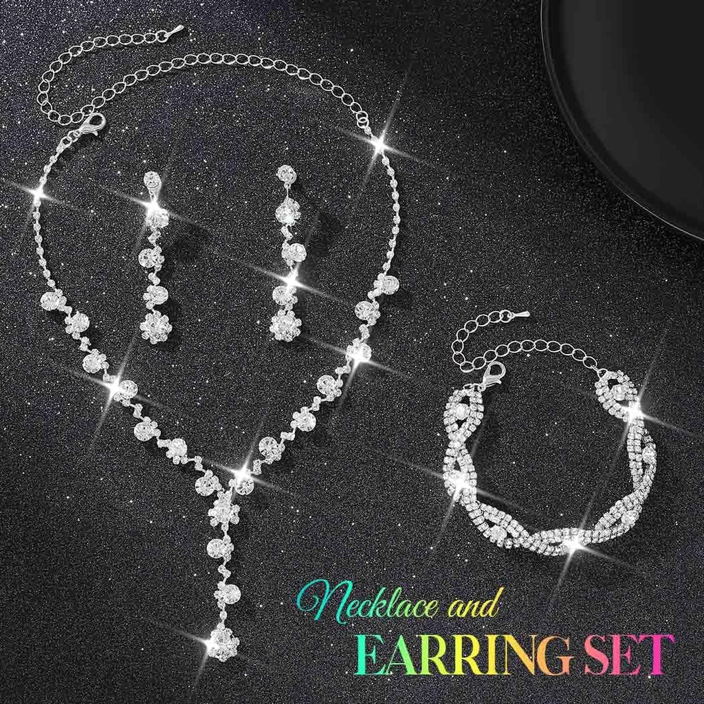 Silver Wedding Jewelry Sets Rhinestone Necklace Earrings Bracelet Set Prom Formal Costume Jewelry for Women and Brides