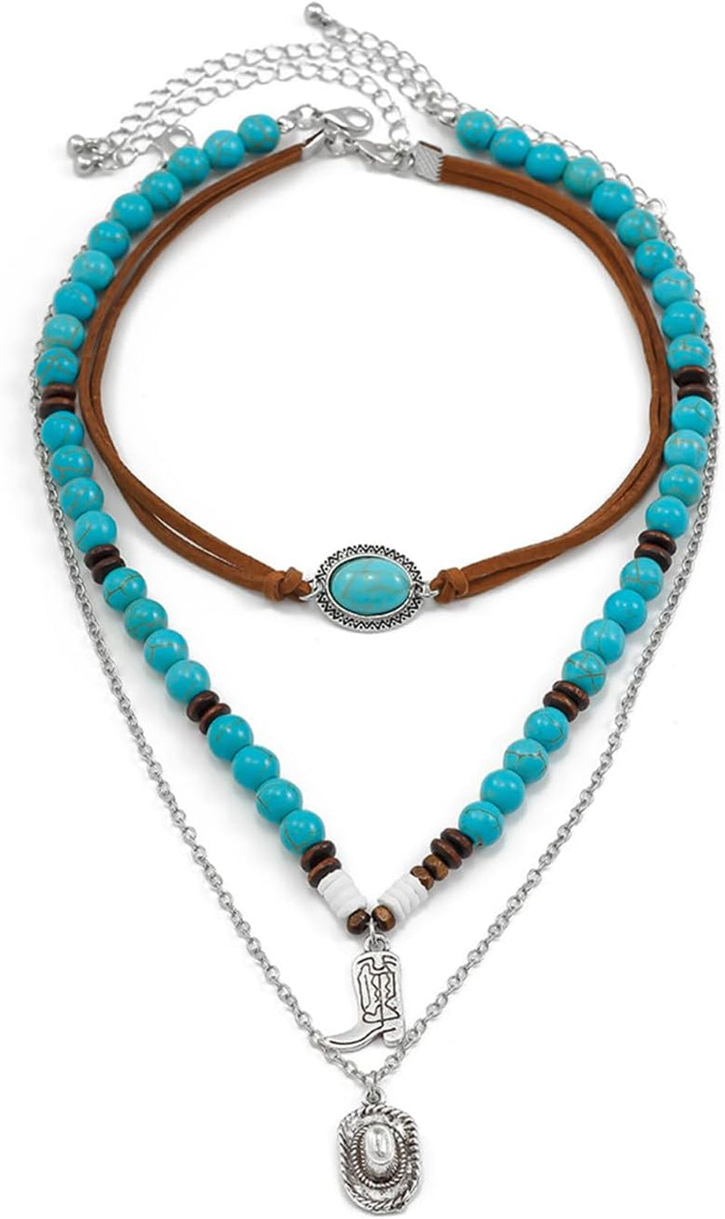 Layered Western Necklaces for Women Turquoise Beaded Choker Necklace Silver Boho Cowgirl Necklace Long Y Shape Western Country Necklace Bull Head Pendant Necklace Evil Eye Necklace Country Concert Jewelry