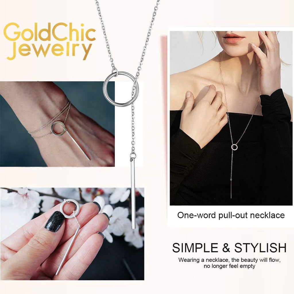 Bar Long Necklace Lariat Open Circle Y Pendants, Simple Minimalist Choker Collarbone Chain Charms Jewelry -Silver Color