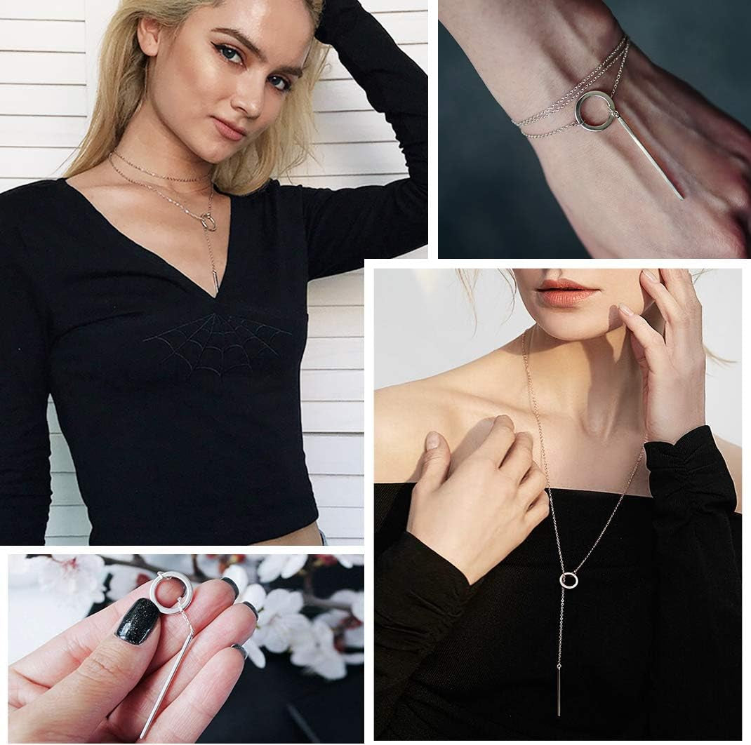 Bar Long Necklace Lariat Open Circle Y Pendants, Simple Minimalist Choker Collarbone Chain Charms Jewelry -Silver Color