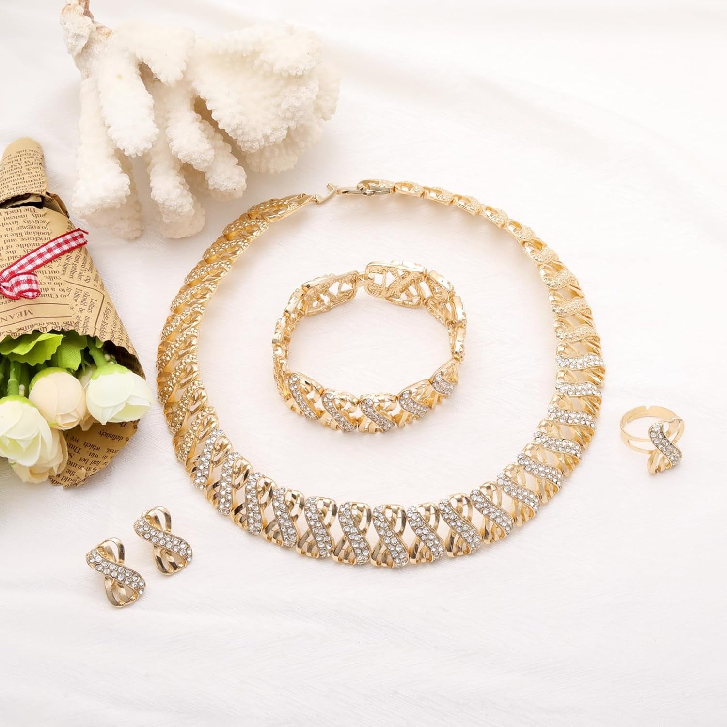 Fashion Crystal Jewelry Set Gold Plated Jewelry Weddings Dubai Gold Necklace Earrings Set Gift